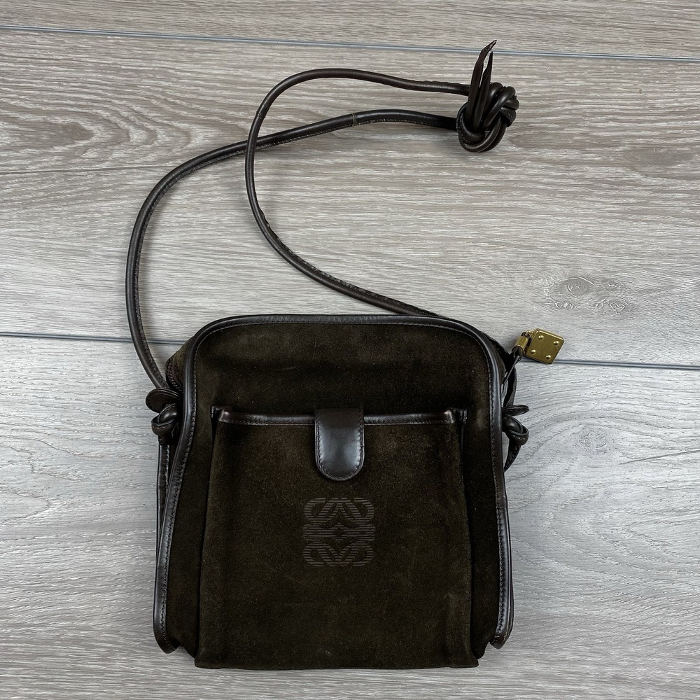 Vintage Loewe Suede Anagram Crossbody Bag Dark Brown